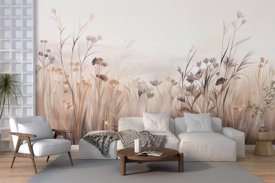 fototapeter Et felt med villblomster i dempede brune og beige nyanser, med høyt gress og delikate blomster w09872