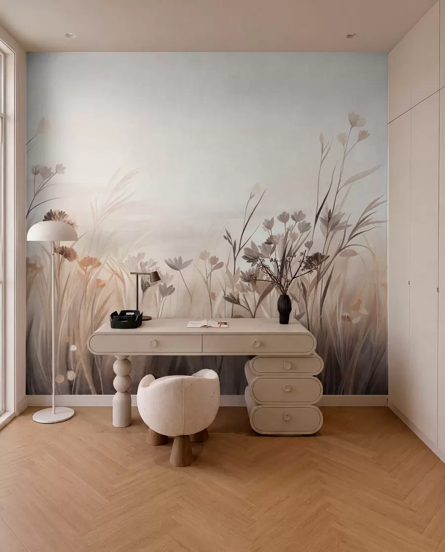 fototapeter Et felt med villblomster i dempede brune og beige nyanser, med høyt gress og delikate blomster w09872