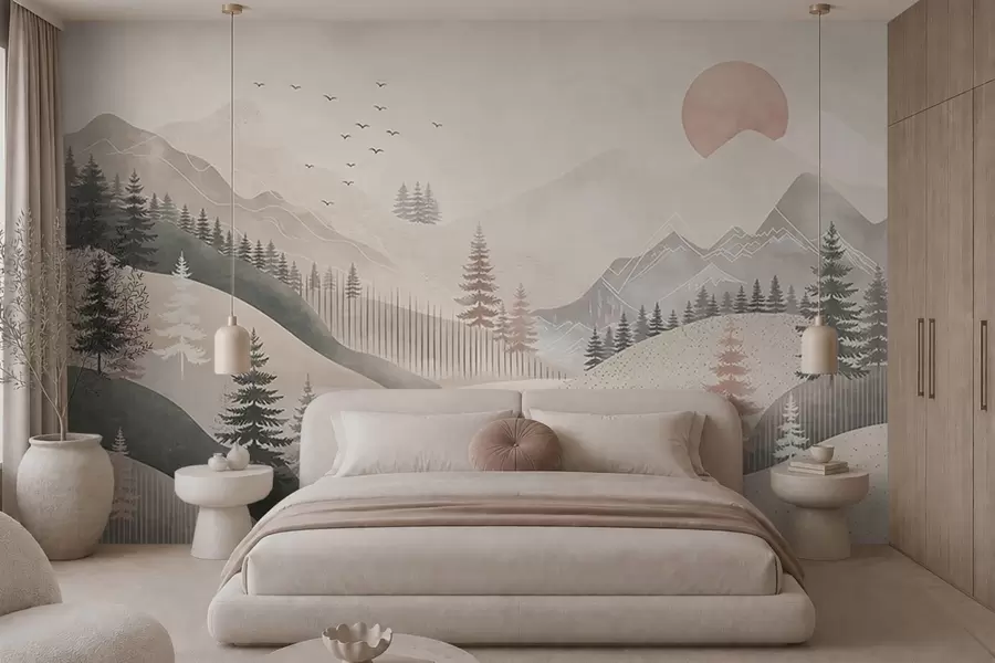 fototapeter Et minimalistisk fjellandskap med furutrær w05626