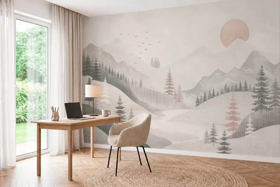 fototapeter Et minimalistisk fjellandskap med furutrær w05626