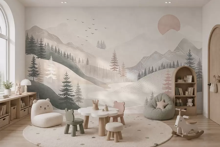 fototapeter Et minimalistisk fjellandskap med furutrær w05626