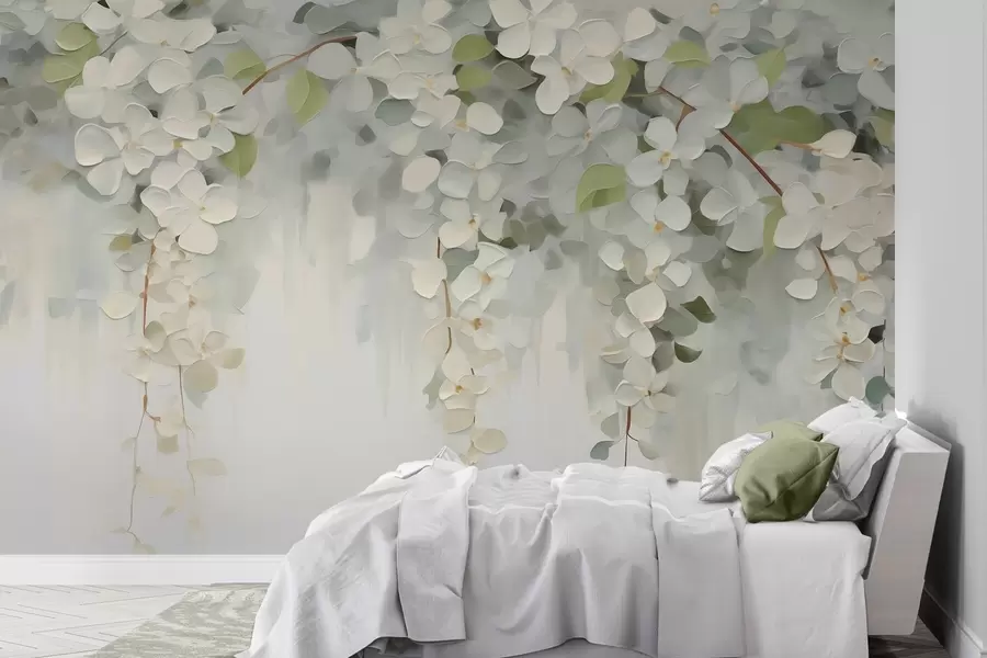 fototapeter Abstrakt maleri med hengende blomster i imitert stil w05641
