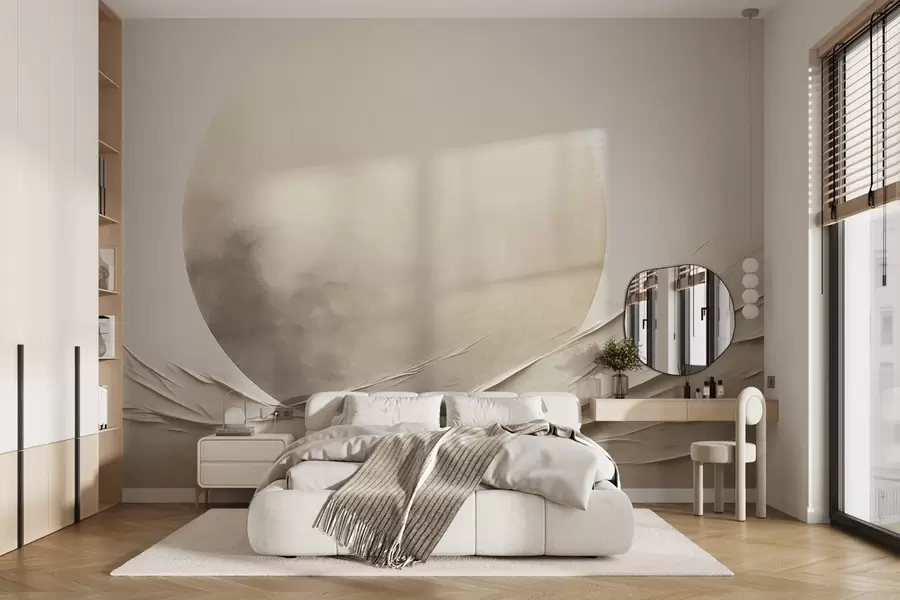 fototapeter Abstrakte, bølgende, kremfargede former med en stor, lys kule – minimalistisk moderne kunst w09895