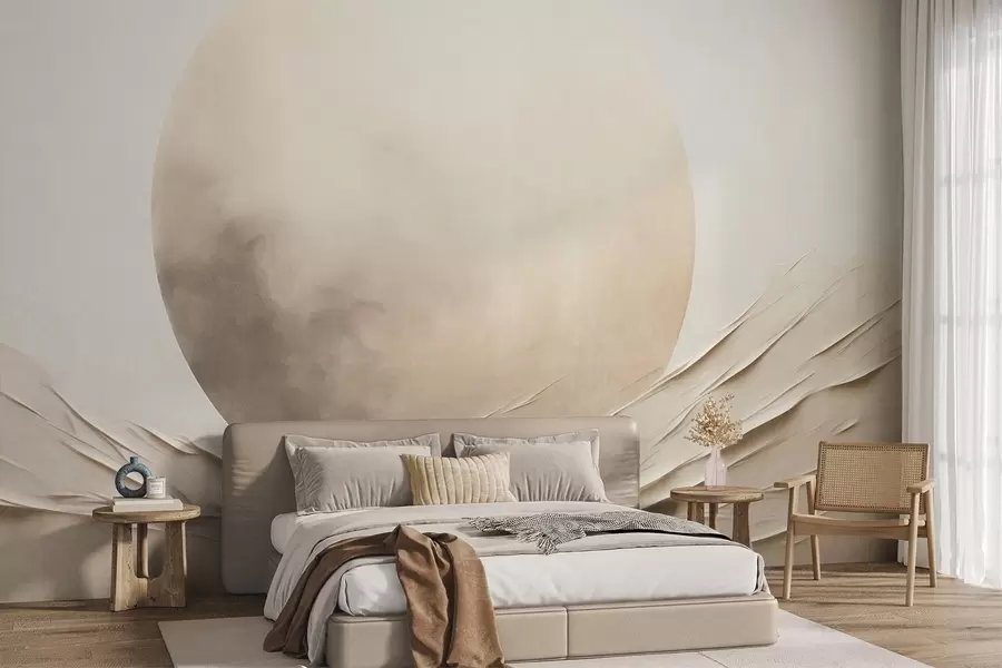 fototapeter Abstrakte, bølgende, kremfargede former med en stor, lys kule – minimalistisk moderne kunst w09895