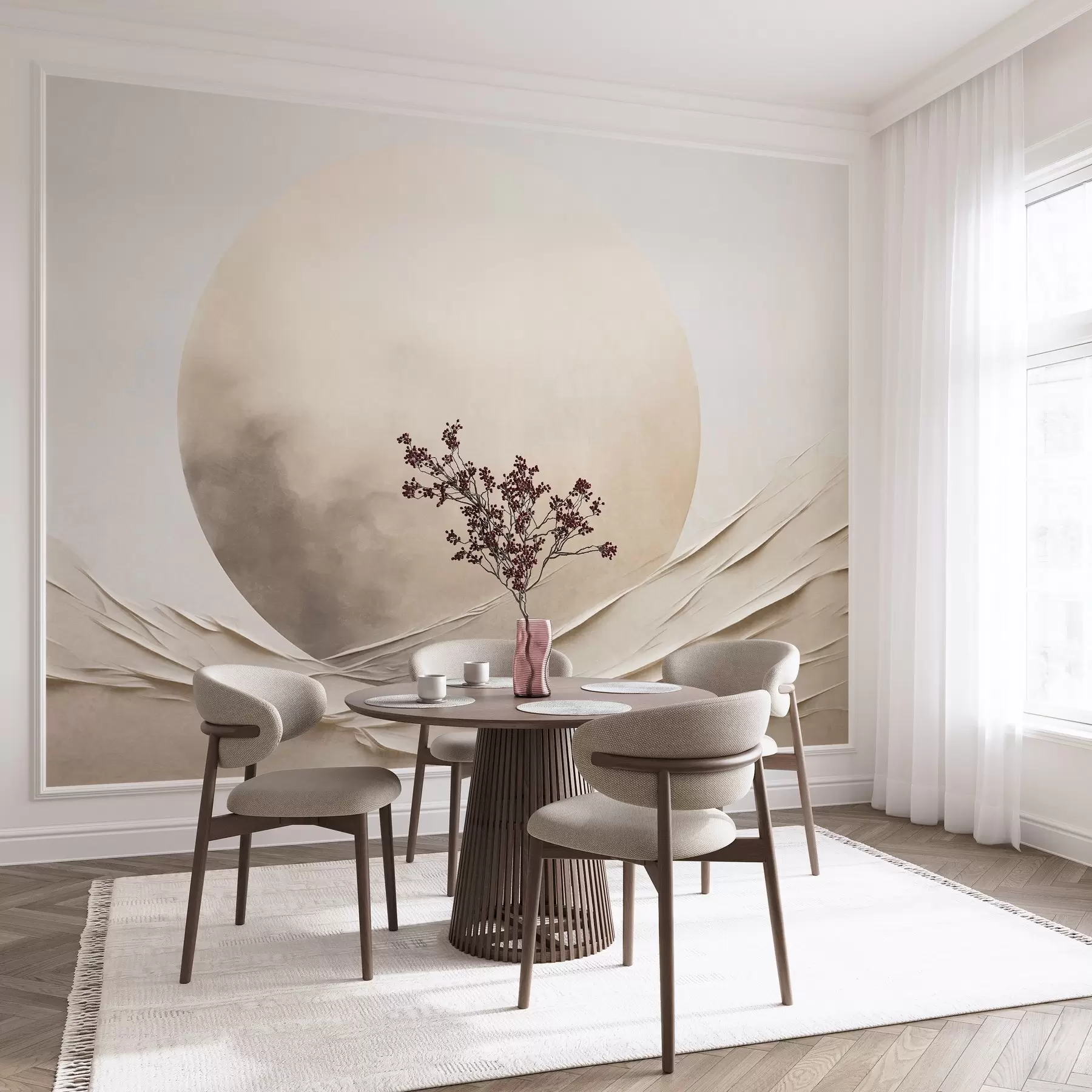 fototapeter Abstrakte, bølgende, kremfargede former med en stor, lys kule – minimalistisk moderne kunst w09895