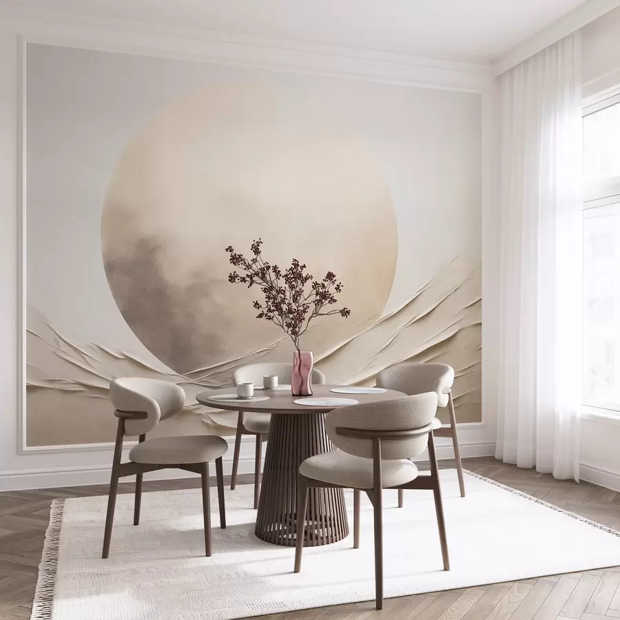 fototapeter Abstrakte, bølgende, kremfargede former med en stor, lys kule – minimalistisk moderne kunst w09895