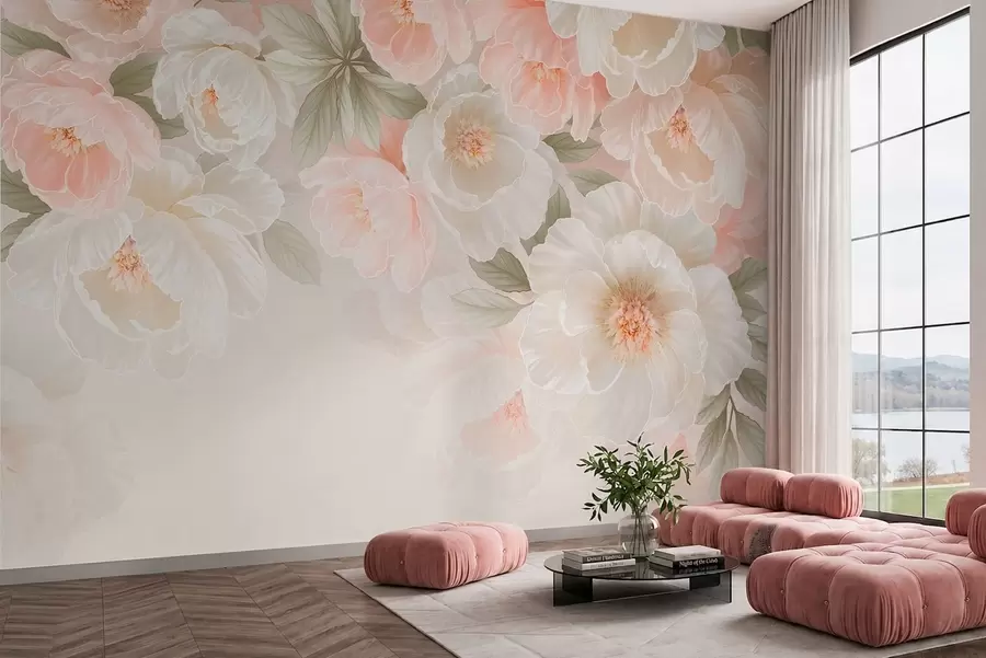 fototapeter Store, delikate blomster i rosa og kremfargede nyanser w05540