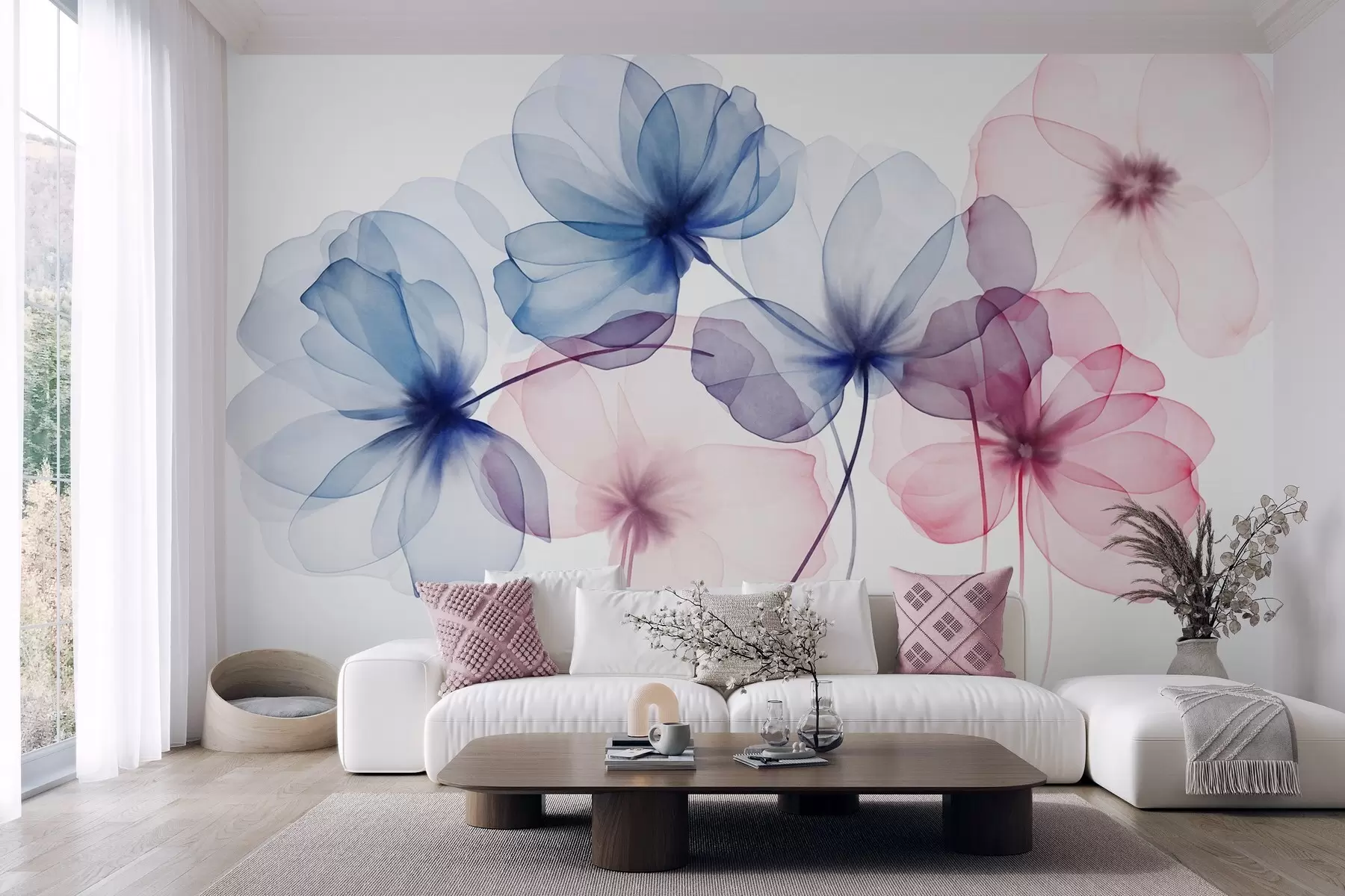 fototapeter Gjennomsiktige, strukturerte blå og rosa blomster på lys bakgrunn, med delikate kronblader som overlapper hverandre w09892