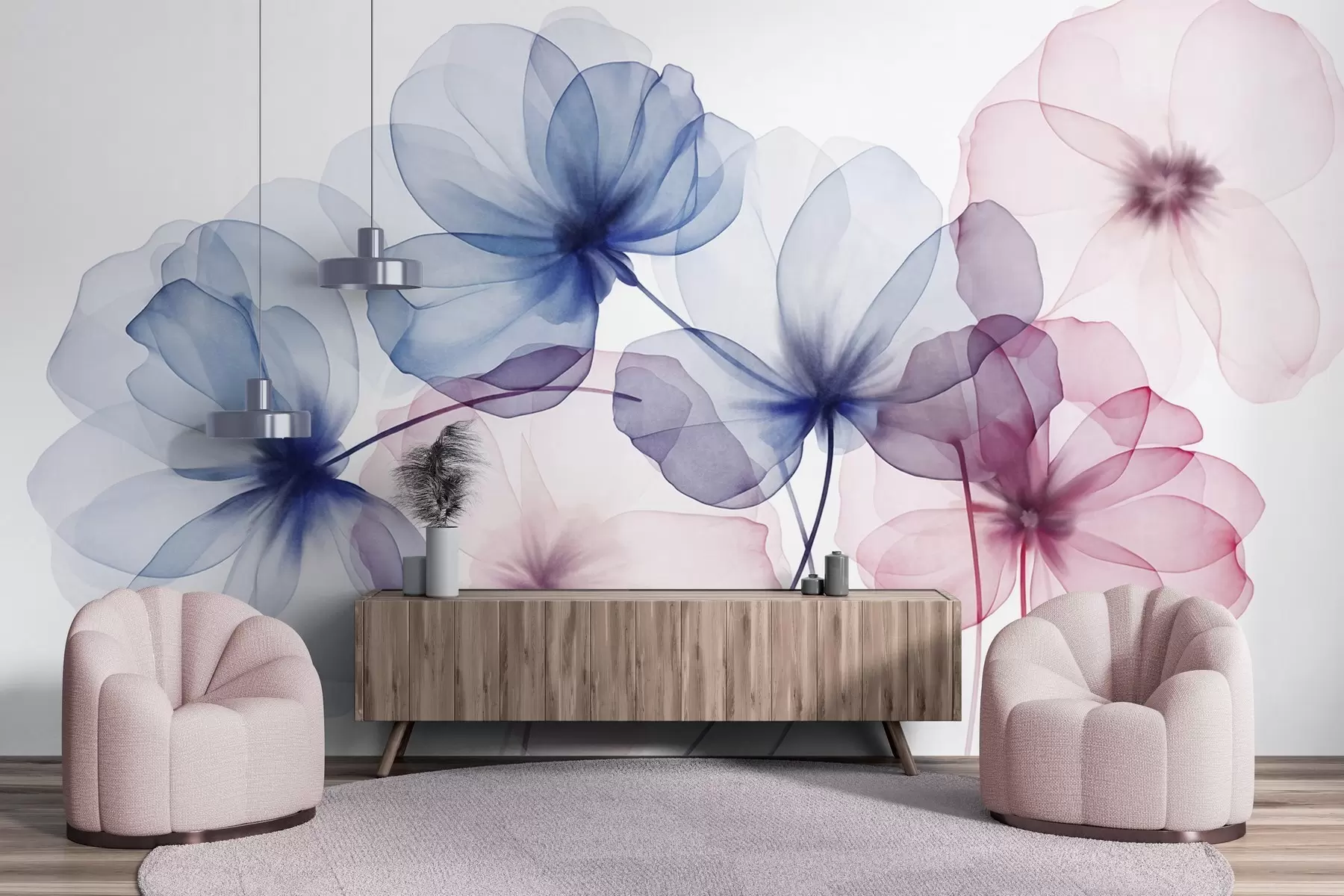 fototapeter Gjennomsiktige, strukturerte blå og rosa blomster på lys bakgrunn, med delikate kronblader som overlapper hverandre w09892