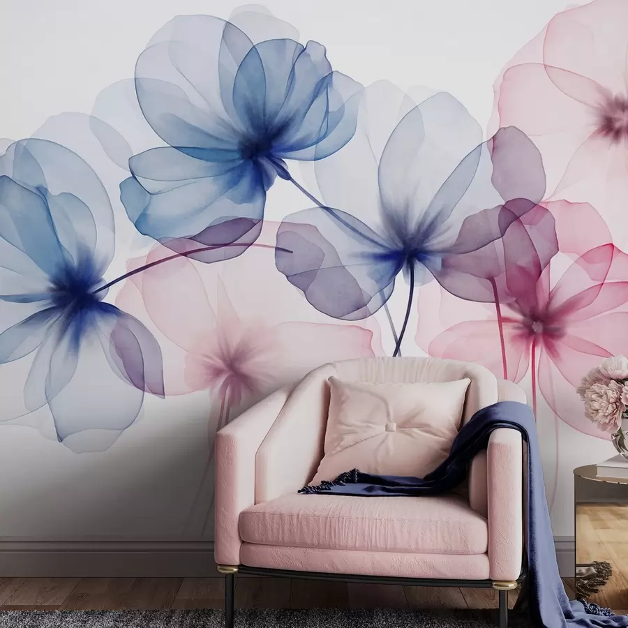 fototapeter Gjennomsiktige, strukturerte blå og rosa blomster på lys bakgrunn, med delikate kronblader som overlapper hverandre w09892