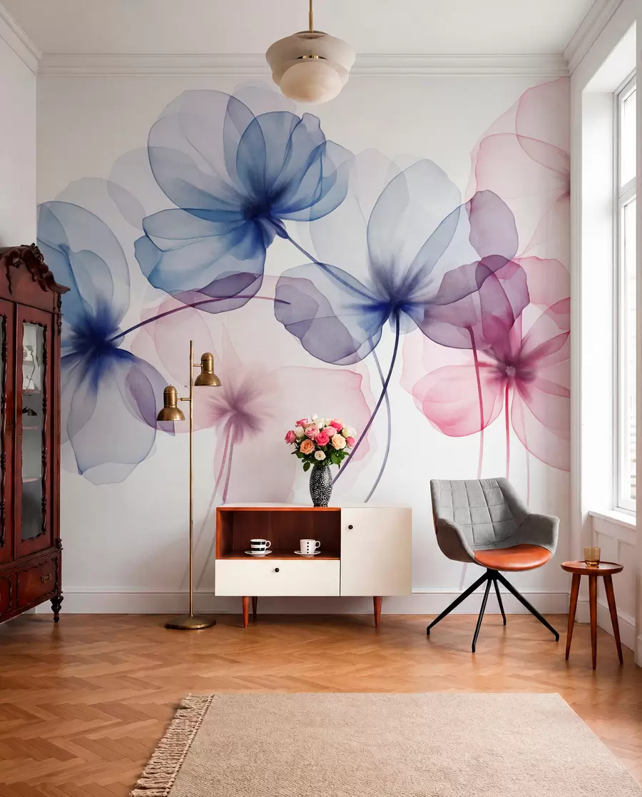 fototapeter Gjennomsiktige, strukturerte blå og rosa blomster på lys bakgrunn, med delikate kronblader som overlapper hverandre w09892