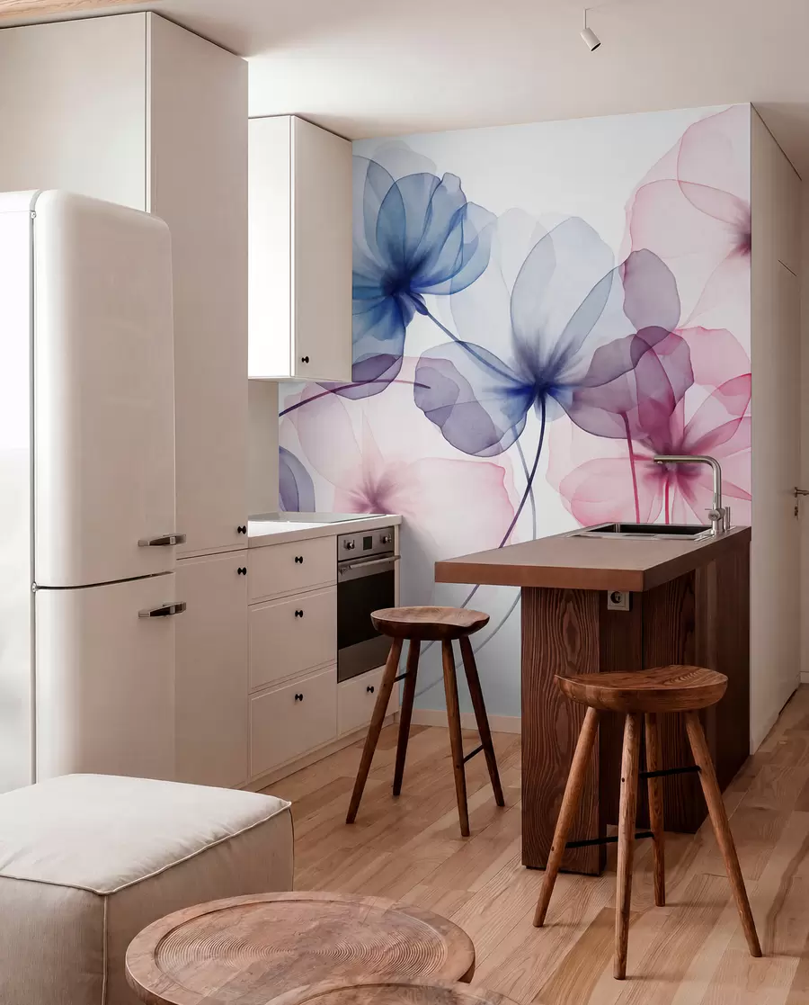 fototapeter Gjennomsiktige, strukturerte blå og rosa blomster på lys bakgrunn, med delikate kronblader som overlapper hverandre w09892