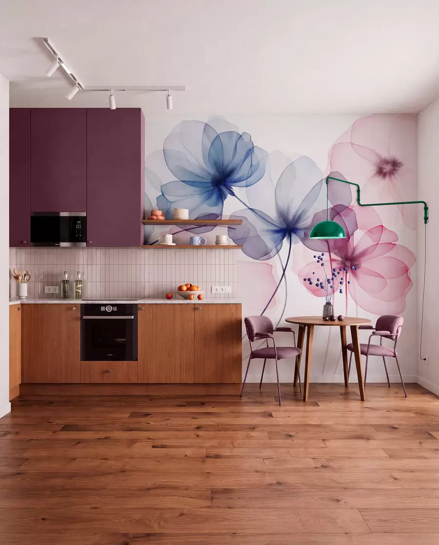 fototapeter Gjennomsiktige, strukturerte blå og rosa blomster på lys bakgrunn, med delikate kronblader som overlapper hverandre w09892