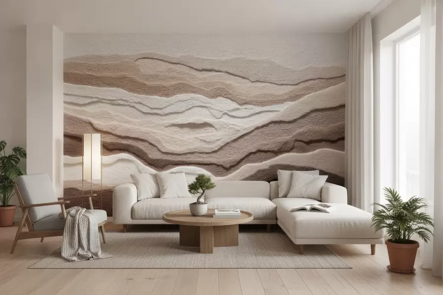 fototapeter Teksturert fototapet med lagdelte sandformasjoner i en varm beige fargepalett w09807