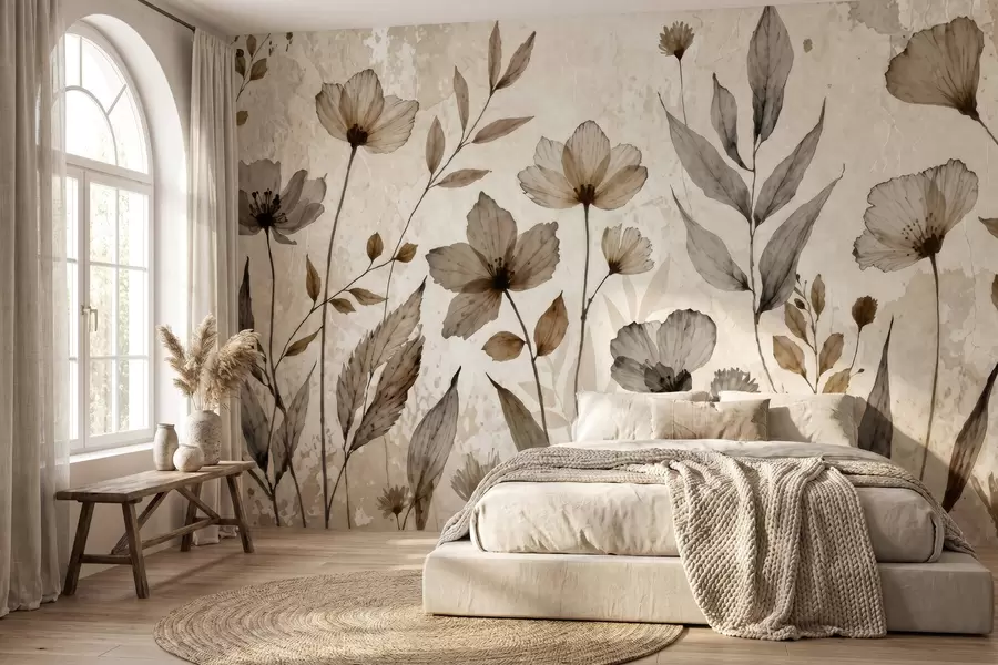 fototapeter Delikate akvarellmalte villblomster i en myk palett av beige og kremfarger w09875