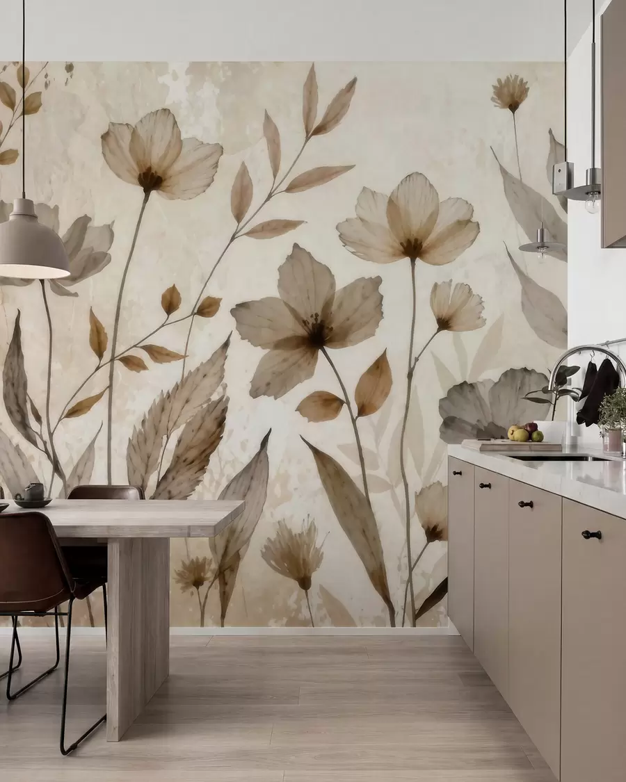 fototapeter Delikate akvarellmalte villblomster i en myk palett av beige og kremfarger w09875