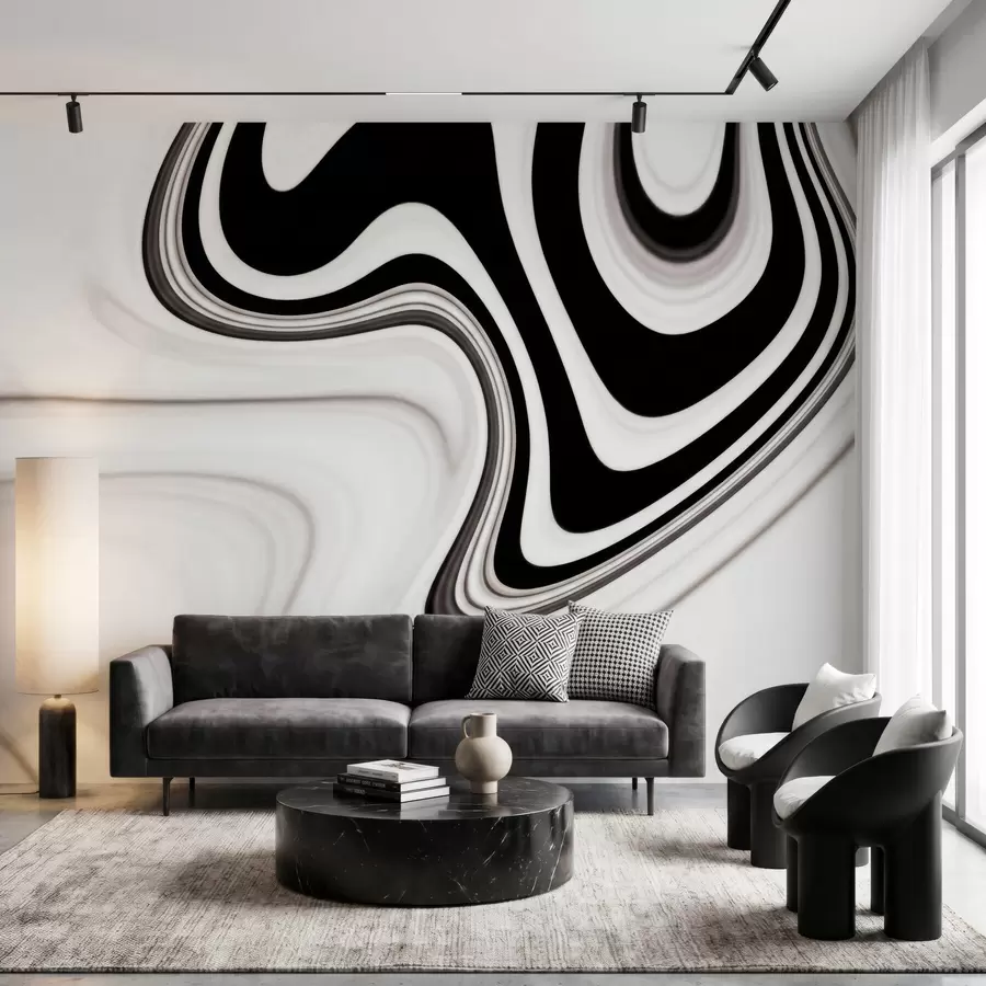 fototapeter Abstrakt veggmaleri med bølgende svart-hvite bølger i en moderne, minimalistisk stil w09877