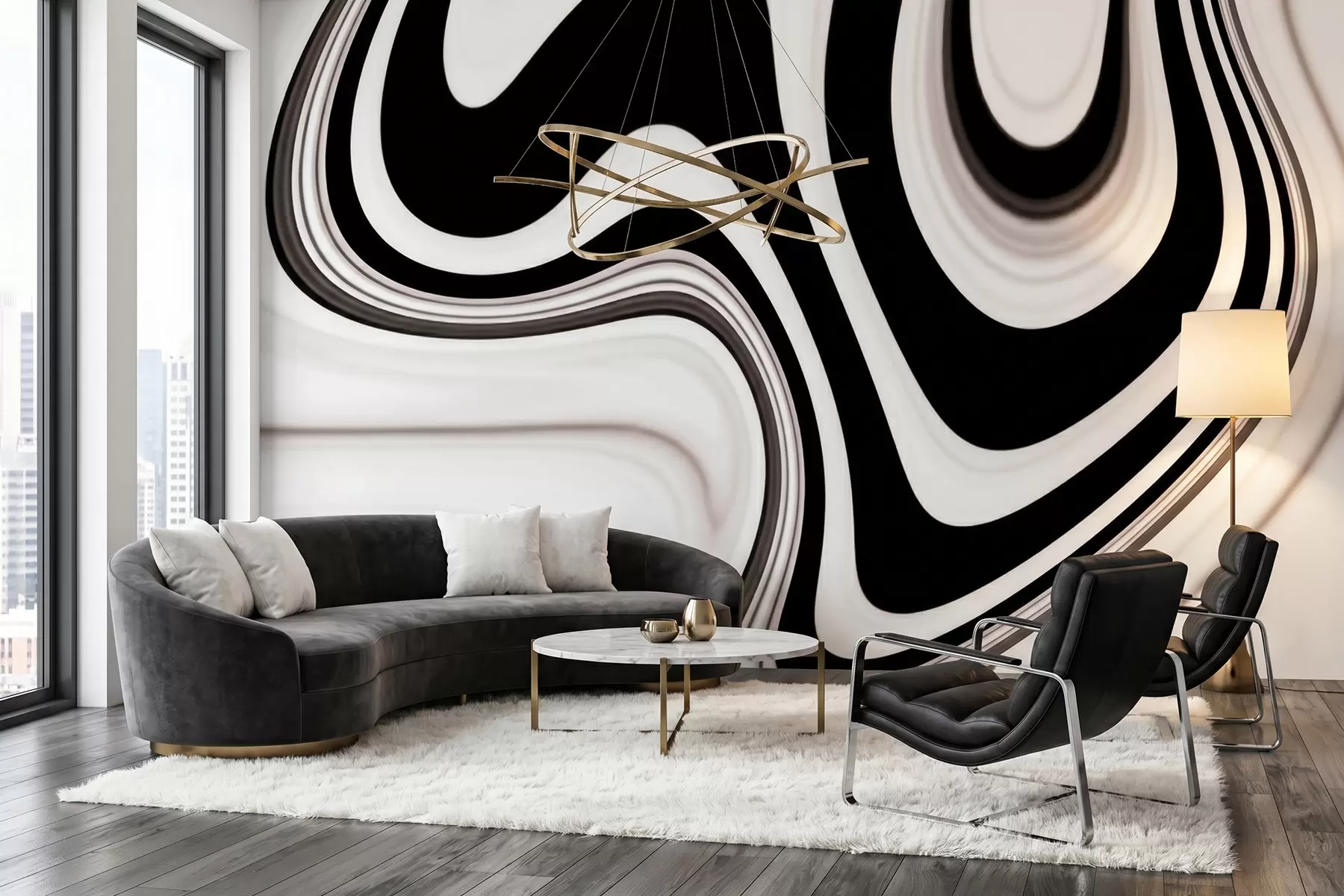fototapeter Abstrakt veggmaleri med bølgende svart-hvite bølger i en moderne, minimalistisk stil w09877