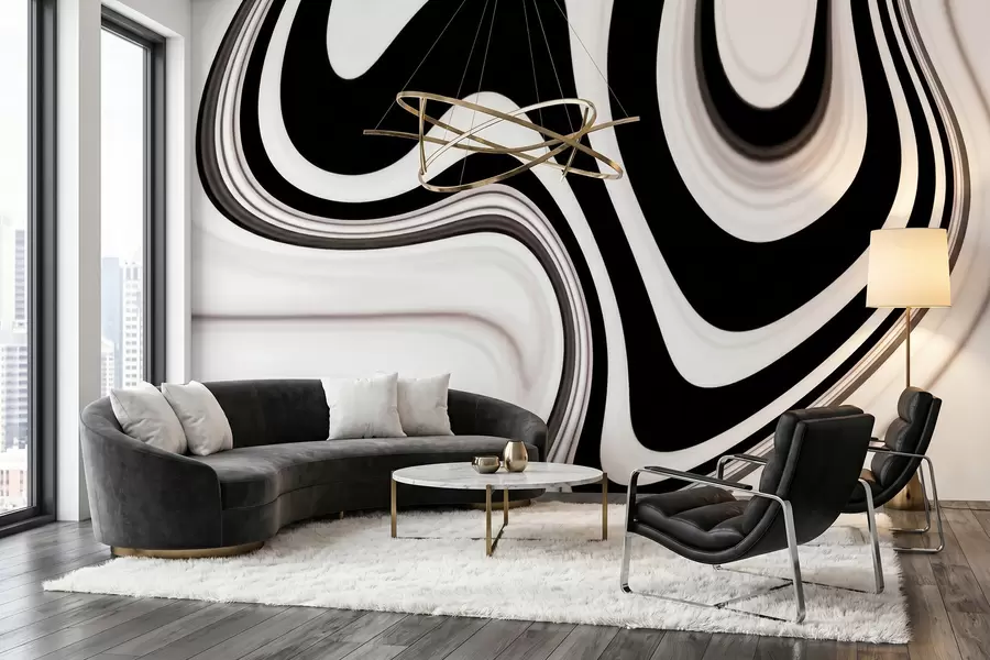 fototapeter Abstrakt veggmaleri med bølgende svart-hvite bølger i en moderne, minimalistisk stil w09877