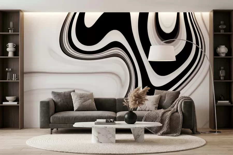 fototapeter Abstrakt veggmaleri med bølgende svart-hvite bølger i en moderne, minimalistisk stil w09877