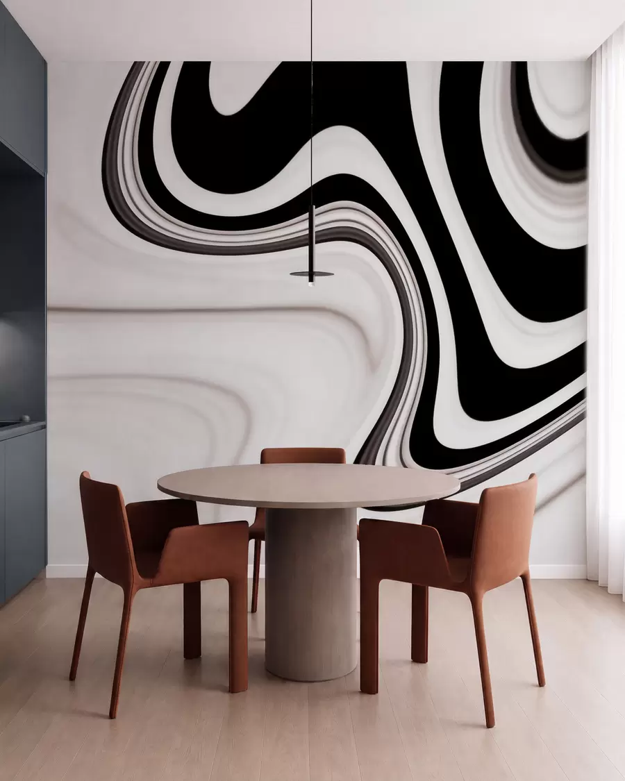 fototapeter Abstrakt veggmaleri med bølgende svart-hvite bølger i en moderne, minimalistisk stil w09877