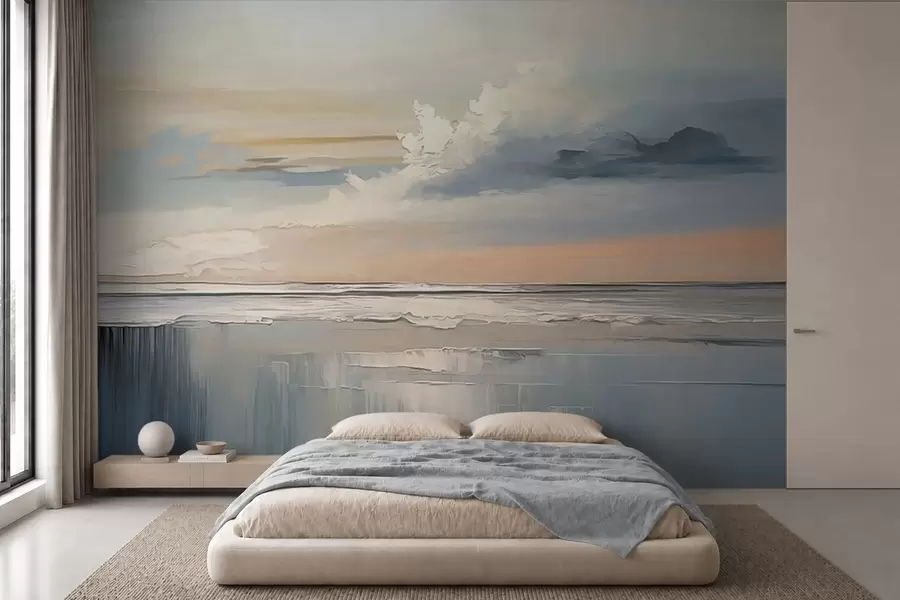 fototapeter Pastellfarget strand med skyer og speilbilde i vannet w05687