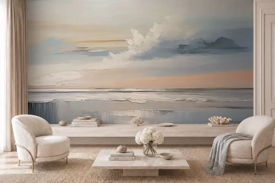 fototapeter Pastellfarget strand med skyer og speilbilde i vannet w05687