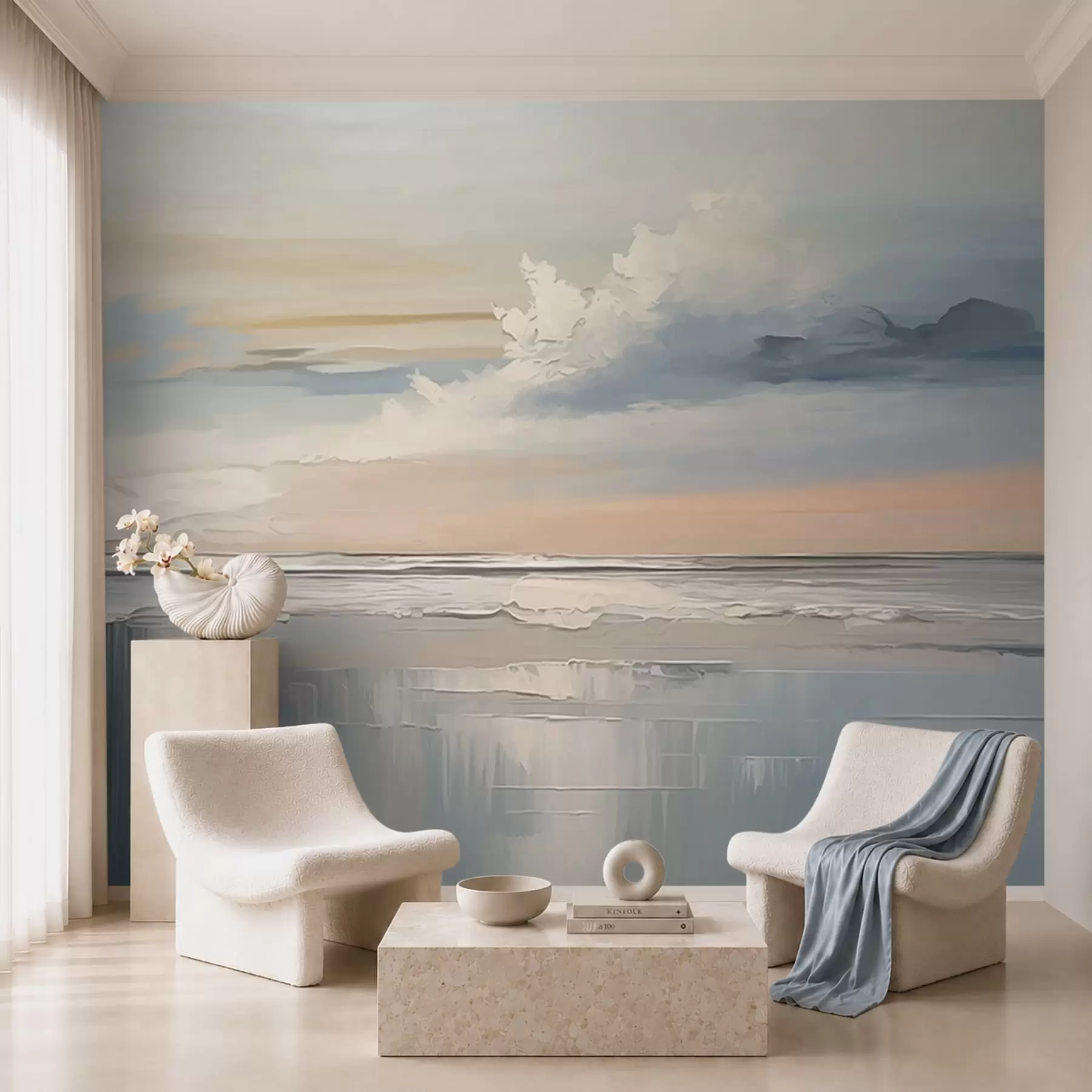 fototapeter Pastellfarget strand med skyer og speilbilde i vannet w05687