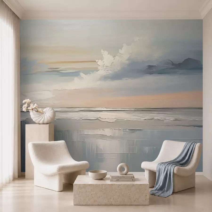 fototapeter Pastellfarget strand med skyer og speilbilde i vannet w05687