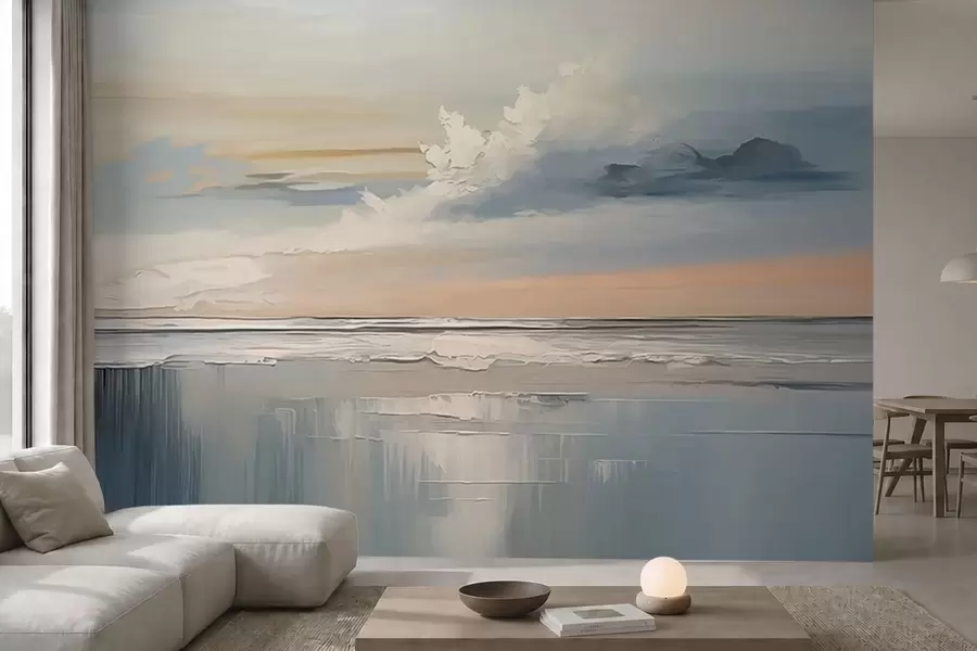 fototapeter Pastellfarget strand med skyer og speilbilde i vannet w05687
