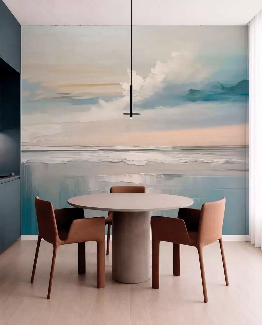 fototapeter Pastellfarget strand med skyer og speilbilde i vannet w05687