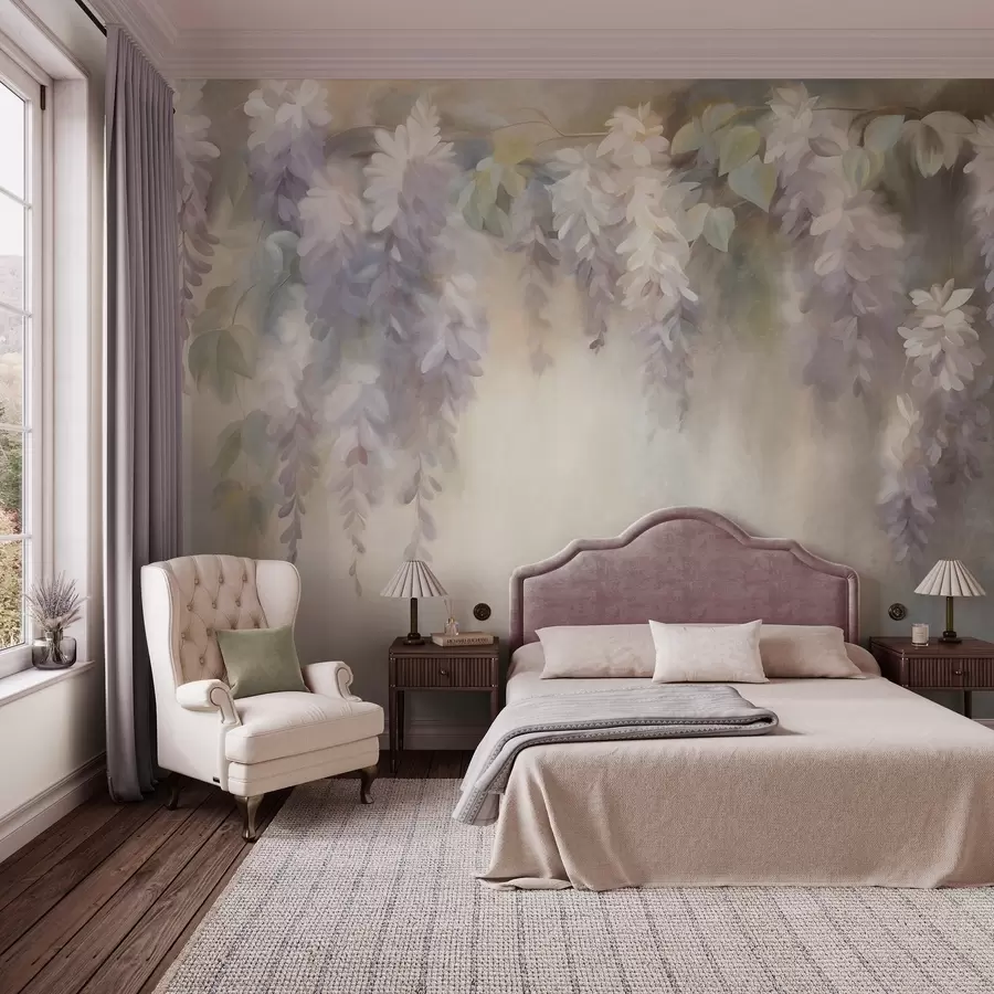 fototapeter Teksturerte, lyselilla blåregnblomster som henger ned sammen med grønne blader, mot en pastellfarget bakgrunn w09896