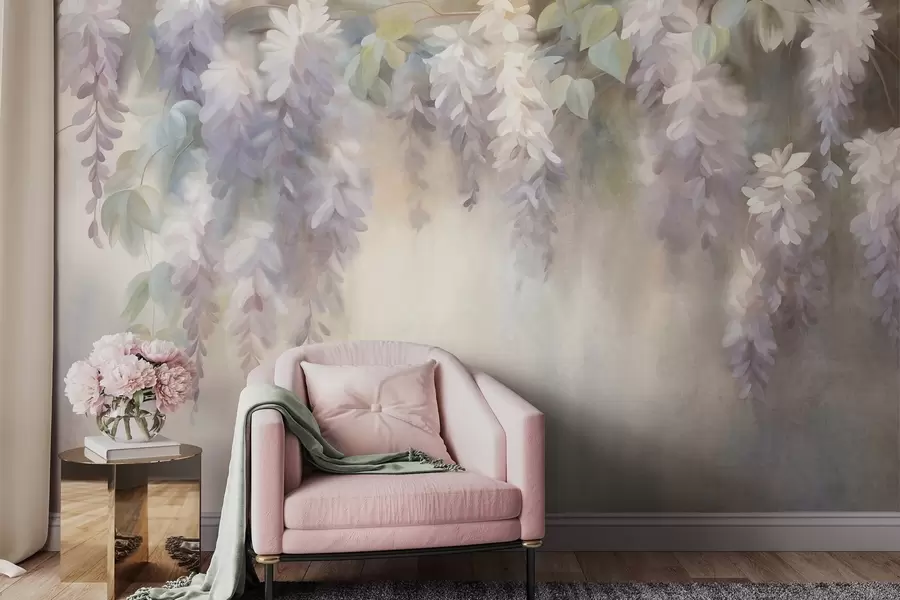 fototapeter Teksturerte, lyselilla blåregnblomster som henger ned sammen med grønne blader, mot en pastellfarget bakgrunn w09896