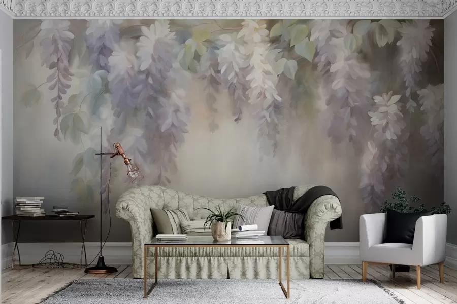 fototapeter Teksturerte, lyselilla blåregnblomster som henger ned sammen med grønne blader, mot en pastellfarget bakgrunn w09896