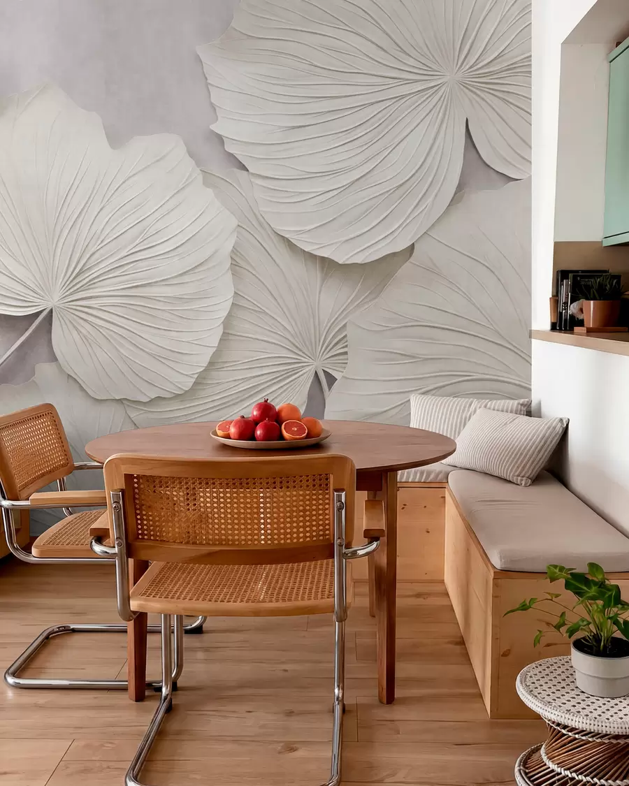 fototapeter Store, strukturerte blader mot en myk, dempet bakgrunn – minimalistisk moderne kunst w09897