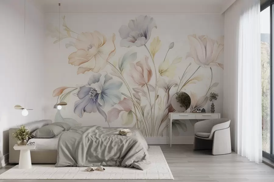 fototapeter Delikate blomster i pastellfarger av rosa, blått og gult med grønne blader, lys bakgrunn w09898