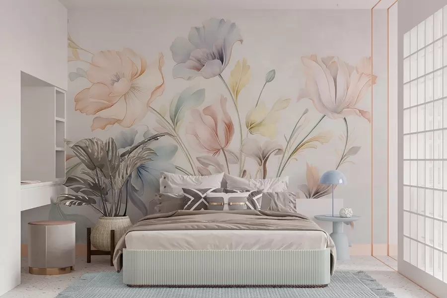 fototapeter Delikate blomster i pastellfarger av rosa, blått og gult med grønne blader, lys bakgrunn w09898