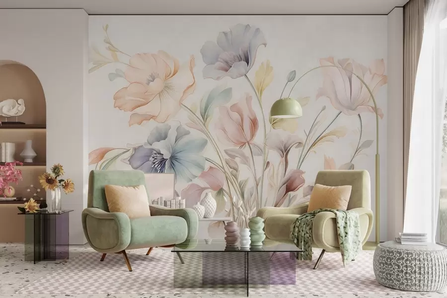 fototapeter Delikate blomster i pastellfarger av rosa, blått og gult med grønne blader, lys bakgrunn w09898