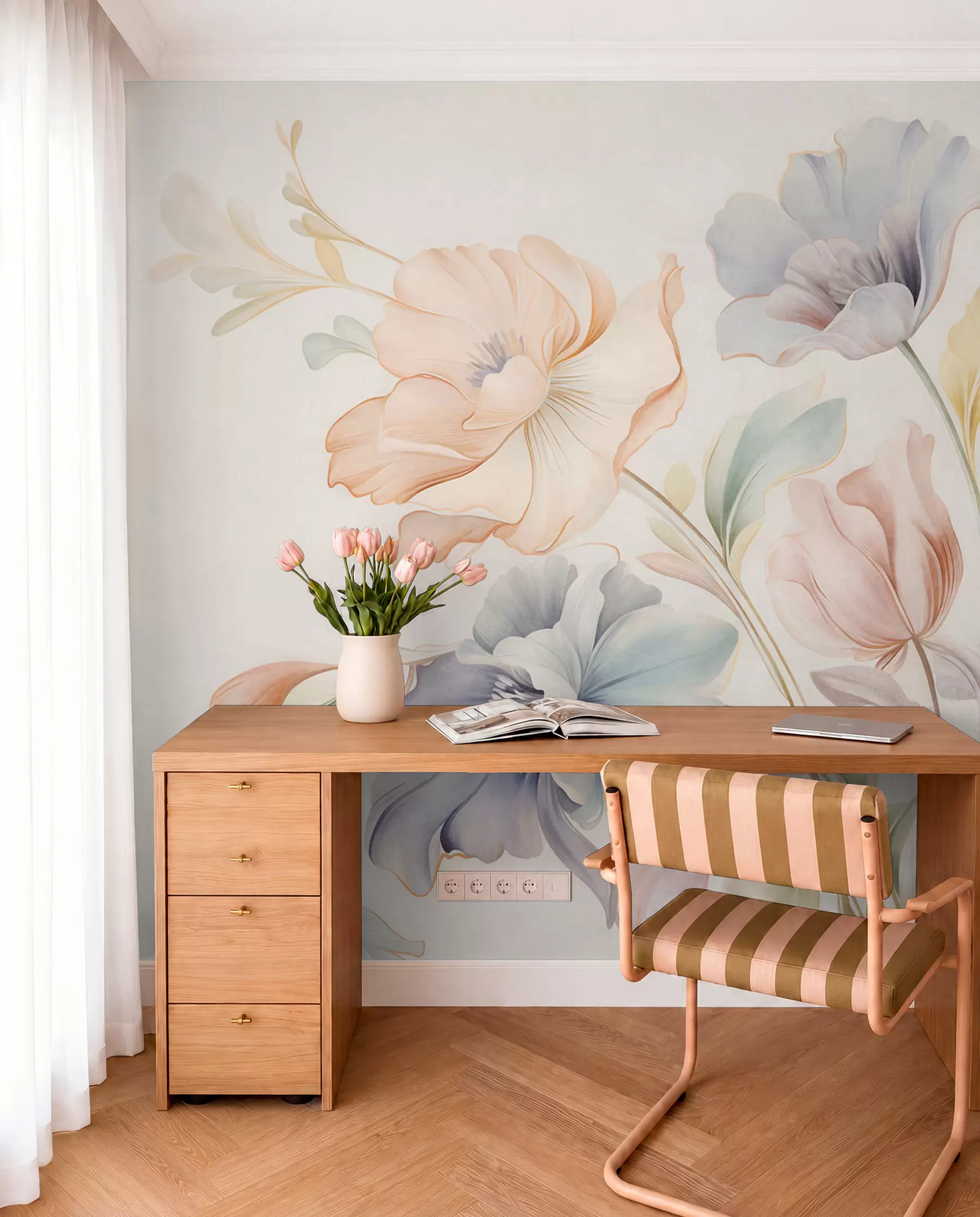 fototapeter Delikate blomster i pastellfarger av rosa, blått og gult med grønne blader, lys bakgrunn w09898