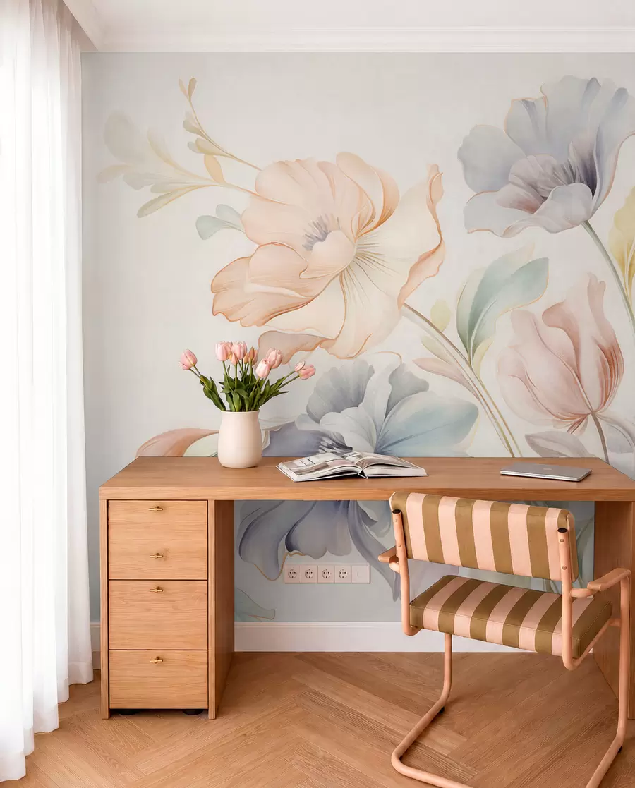 fototapeter Delikate blomster i pastellfarger av rosa, blått og gult med grønne blader, lys bakgrunn w09898