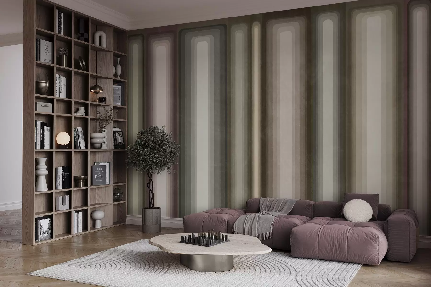 fototapeter Teksturerte, abstrakte, vertikale, avrundede rektangler i dempede nyanser av brunt, beige og blekrosa w09905