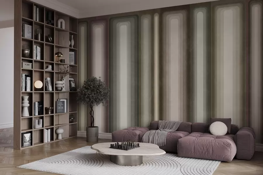 fototapeter Teksturerte, abstrakte, vertikale, avrundede rektangler i dempede nyanser av brunt, beige og blekrosa w09905