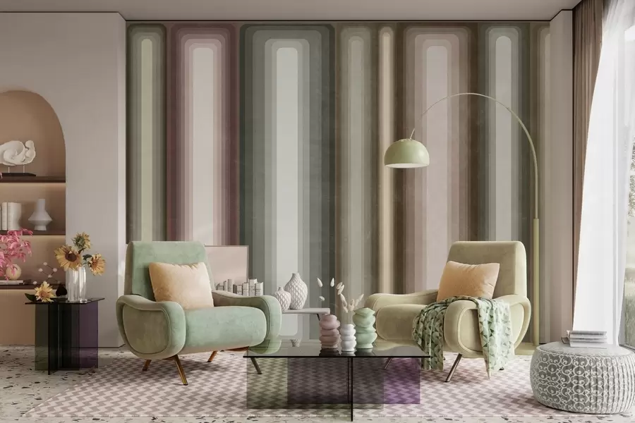 fototapeter Teksturerte, abstrakte, vertikale, avrundede rektangler i dempede nyanser av brunt, beige og blekrosa w09905