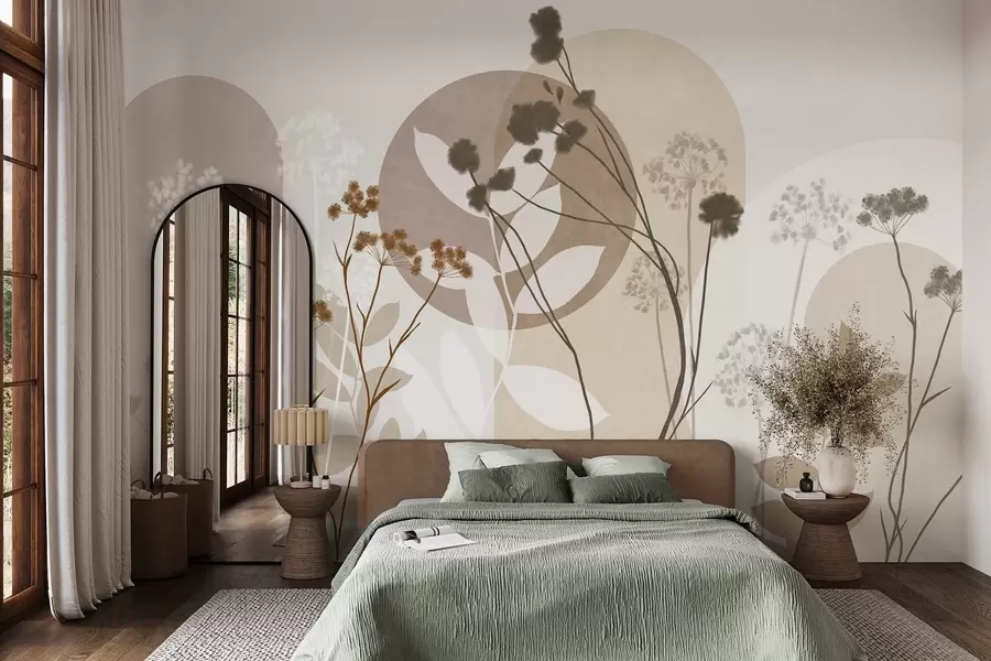 fototapeter En botanisk og minimalistisk komposisjon av tørkede blomster og blader med abstrakt geometri w09906