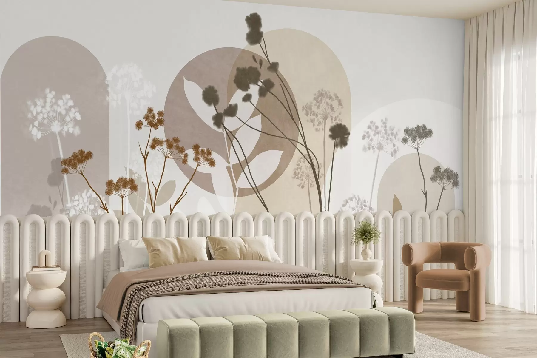 fototapeter En botanisk og minimalistisk komposisjon av tørkede blomster og blader med abstrakt geometri w09906