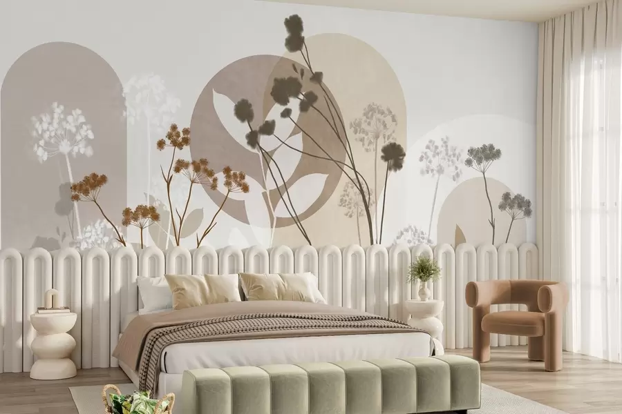 fototapeter En botanisk og minimalistisk komposisjon av tørkede blomster og blader med abstrakt geometri w09906