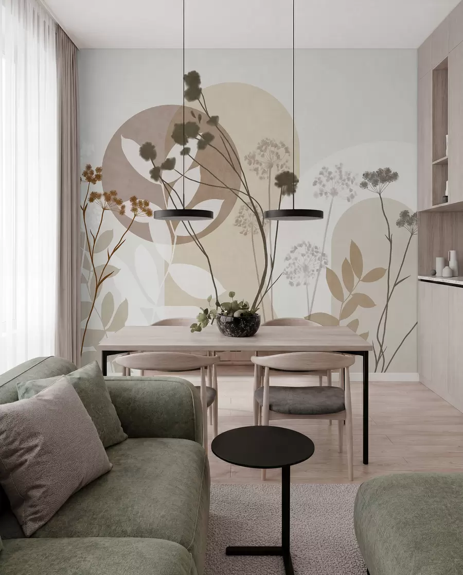 fototapeter En botanisk og minimalistisk komposisjon av tørkede blomster og blader med abstrakt geometri w09906