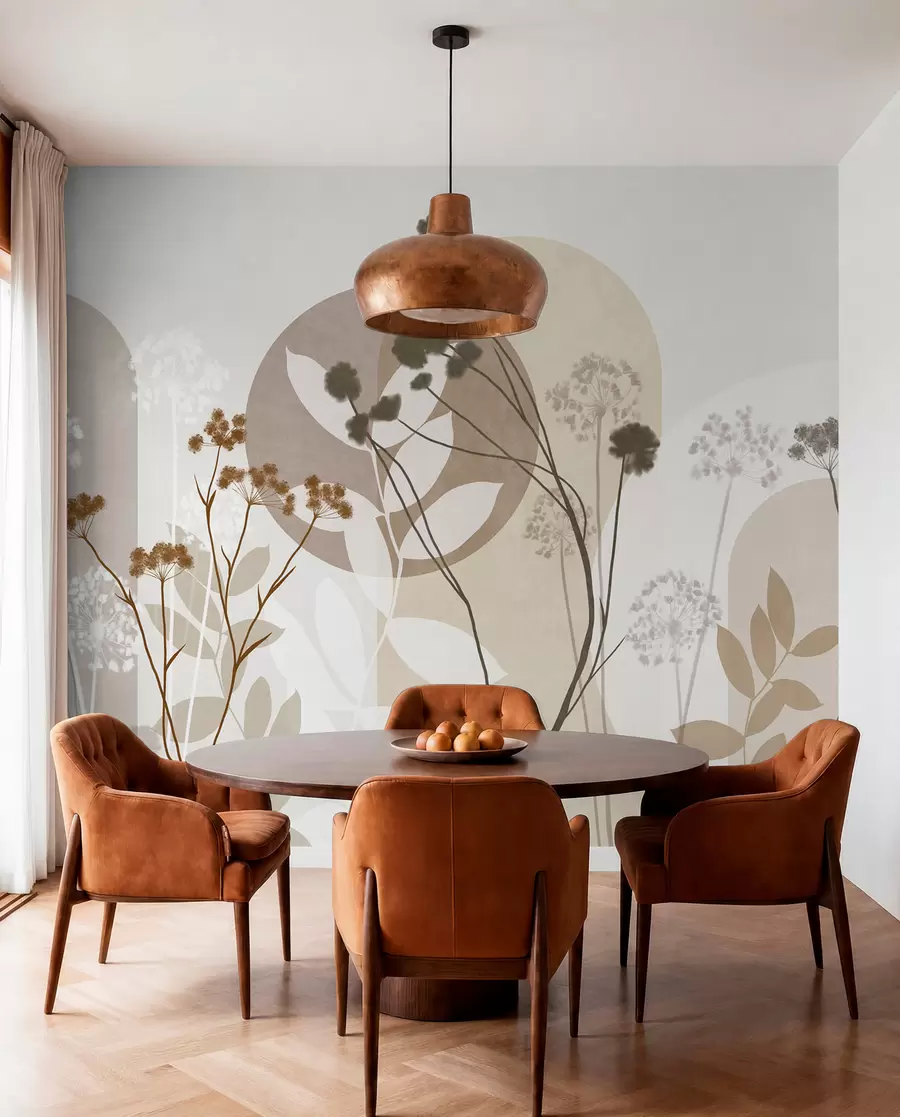 fototapeter En botanisk og minimalistisk komposisjon av tørkede blomster og blader med abstrakt geometri w09906