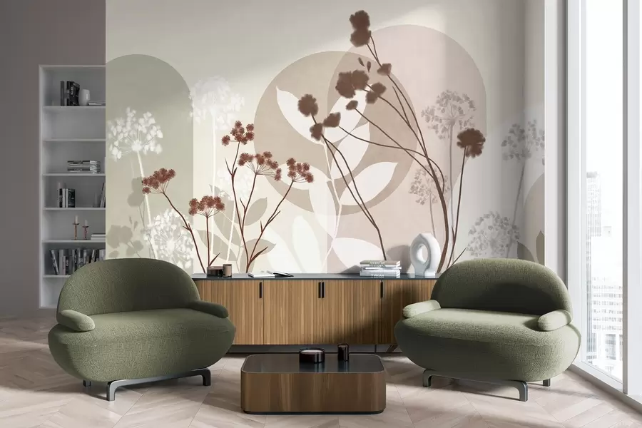 fototapeter En botanisk og minimalistisk komposisjon av tørkede blomster og blader med abstrakt geometri w09906v1