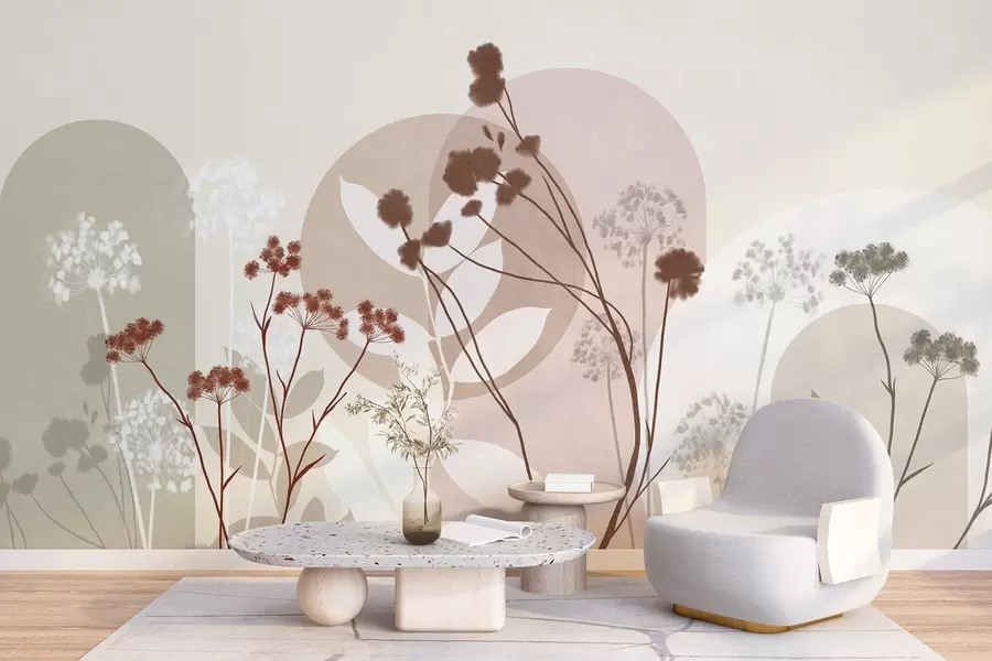 fototapeter En botanisk og minimalistisk komposisjon av tørkede blomster og blader med abstrakt geometri w09906v1